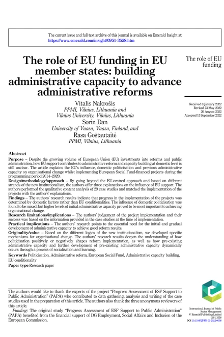 The role of EU funding in EU member states: building administrative capacity to advance administrative reforms
